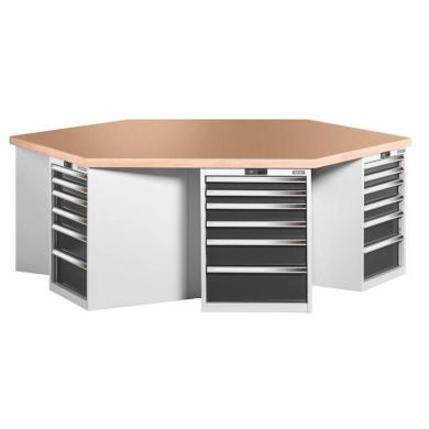 Stôl dielenský pracovný 2500 x 869 mm 6-hranný so skrinkami