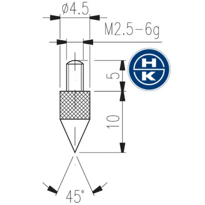 Dotyk D4,5 mm kúžeľový špicatý M2,5 oceľ k odchýlkomeru