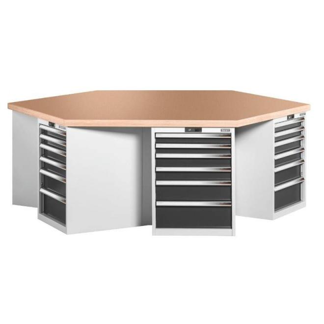 Stôl dielenský pracovný 2500 x 869 mm 6-hranný so skrinkami
